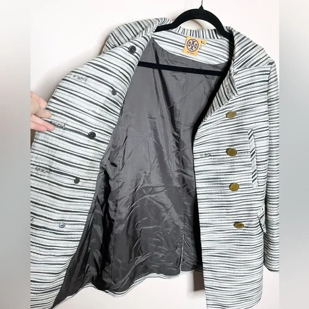 TORY BURCH Gray Cream Striped Double Breasted Pea Coat Jacket Size 4 Designer